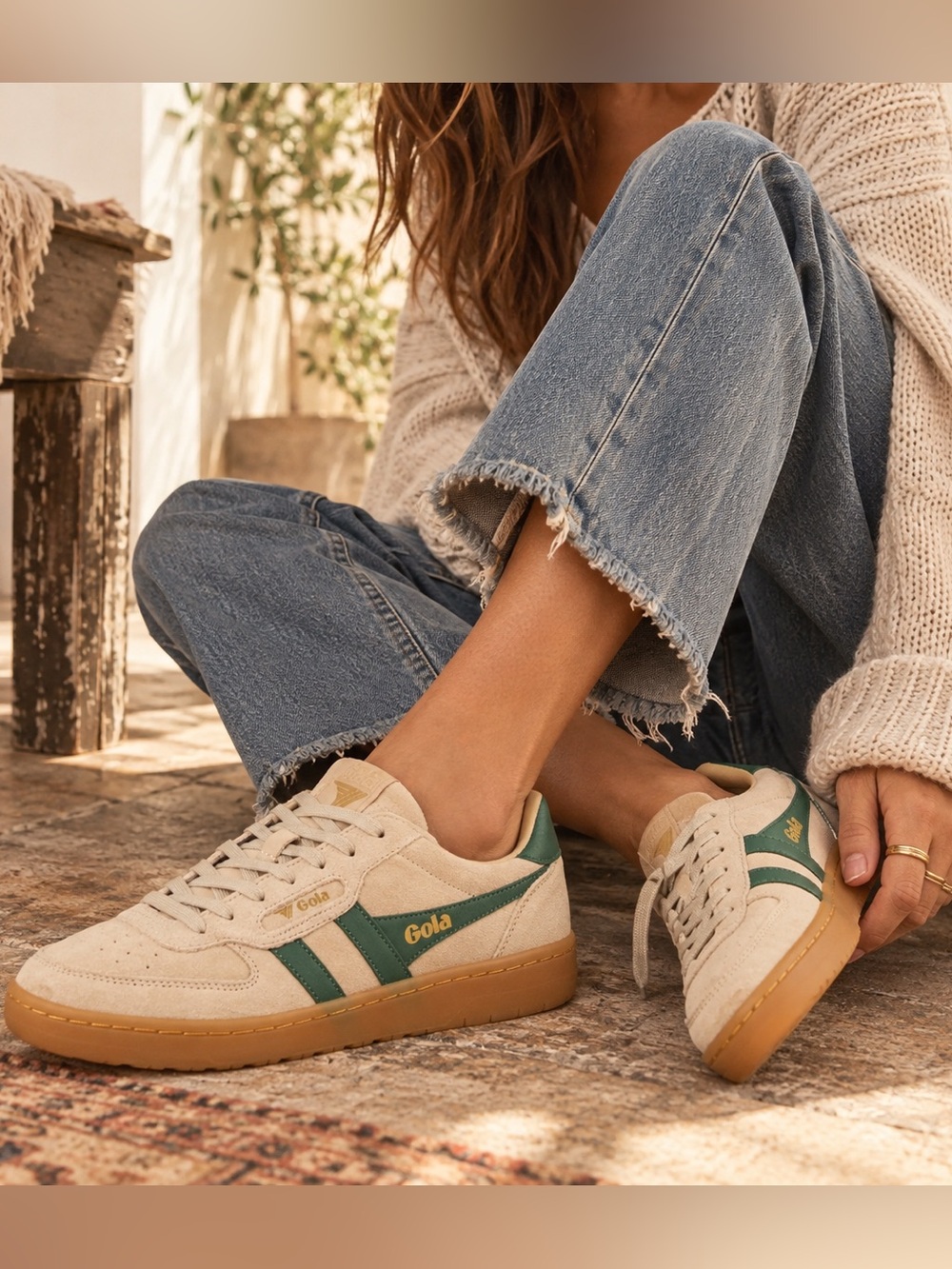 New Gola Hawk Suede Sneakers Bone Evergreen Gum